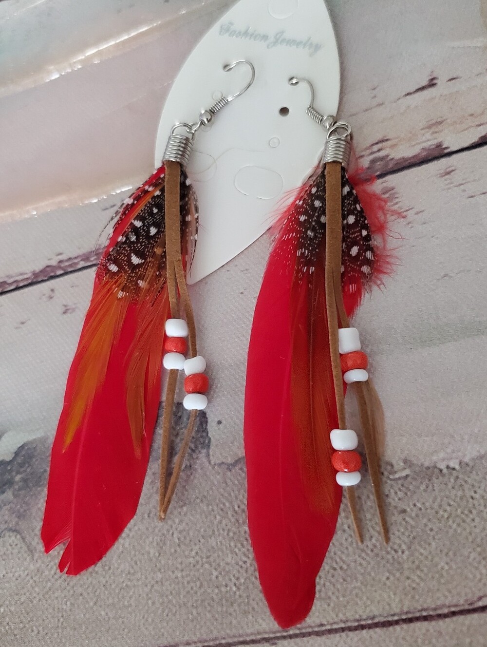 Long Light Layered Red Feather Dangle Earrings.